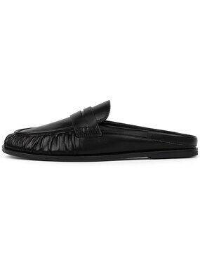 Women's Black Comfort Loafers Slingback Flats Ruched Toe Backless Slip-On